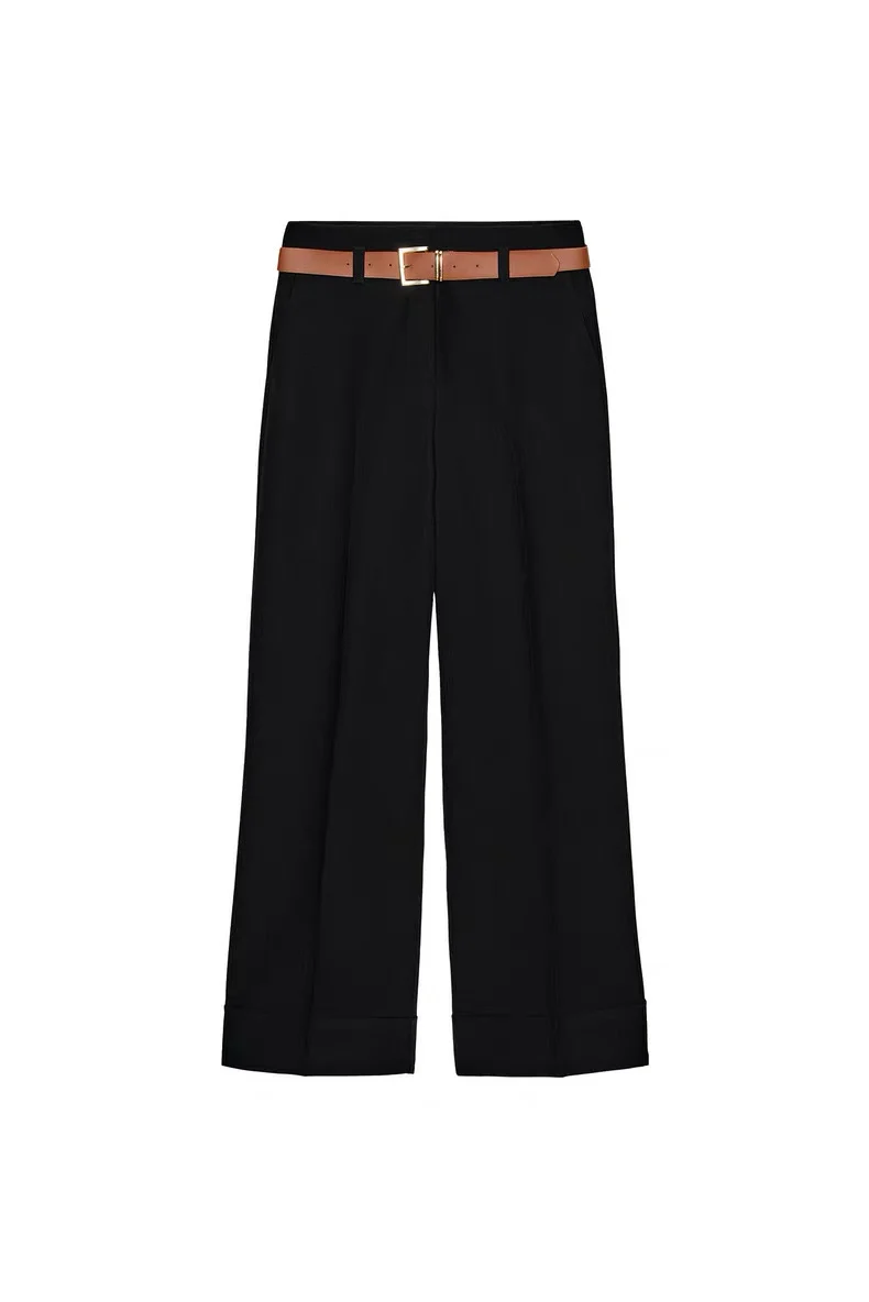 Damen Weite High‑Waist‑Hose mit Umschlagsaum, Bügelfalte und Taillengürtel Nord Taschen
