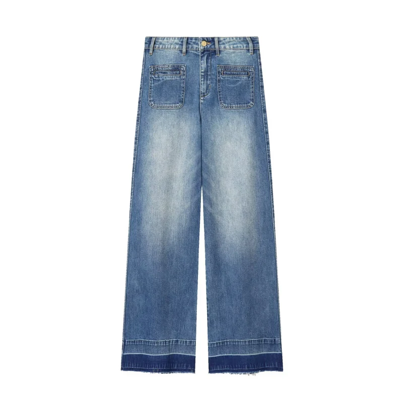 Damen Weite High‑Waist Cropped Denim-Jeans mit aufgesetzten Taschen und rohem Saum Nord Taschen