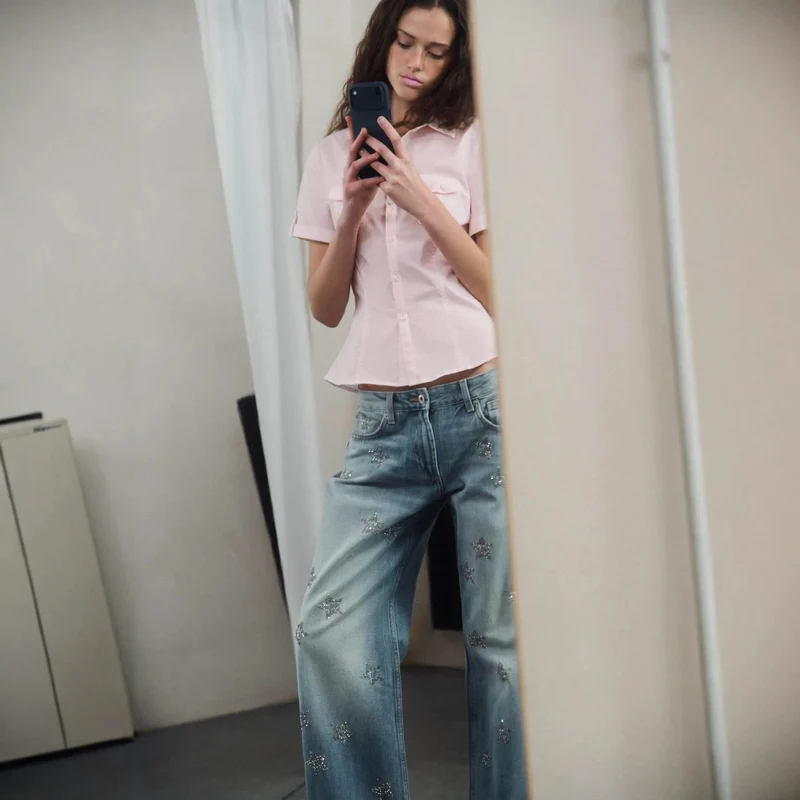 Damen Weite Denim-Jeans mit Sternenbesatz und geradem Bein Nord Taschen