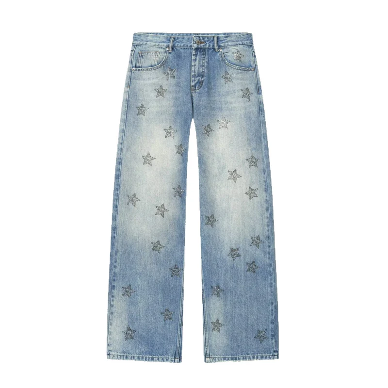 Damen Weite Denim-Jeans mit Sternenbesatz und geradem Bein Nord Taschen