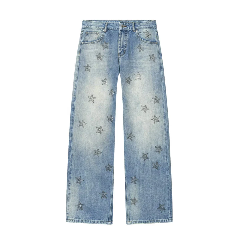 Damen Weite Denim-Jeans mit Sternenbesatz und geradem Bein Nord Taschen