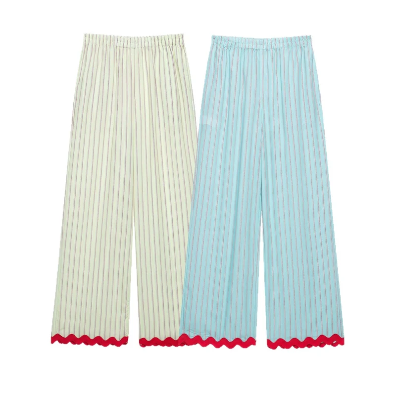 Damen Weite Culotte-Hose mit elastischem Bund, feinen Längsstreifen und Wellenkante Nord Taschen
