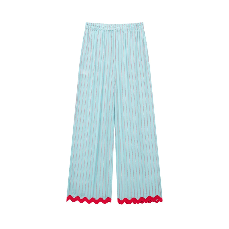 Damen Weite Culotte-Hose mit elastischem Bund, feinen Längsstreifen und Wellenkante Nord Taschen