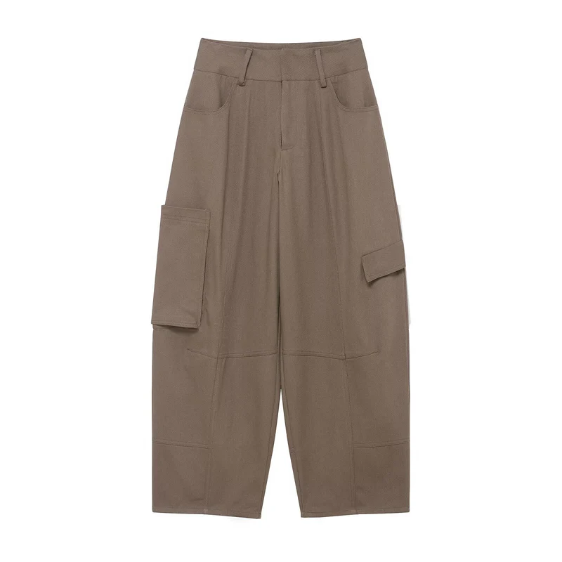 Damen weite Cargo-Cropped-Hose mit hoher Taille und aufgesetzten Taschen Nord Taschen