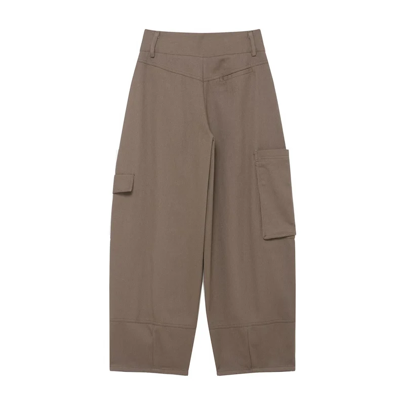 Damen weite Cargo-Cropped-Hose mit hoher Taille und aufgesetzten Taschen Nord Taschen