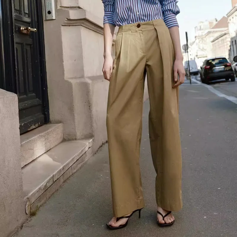 Damen Weite Bundfaltenhose mit hoher Taille und geradem Bein Nord Taschen