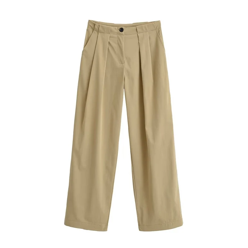 Damen Weite Bundfaltenhose mit hoher Taille und geradem Bein Nord Taschen