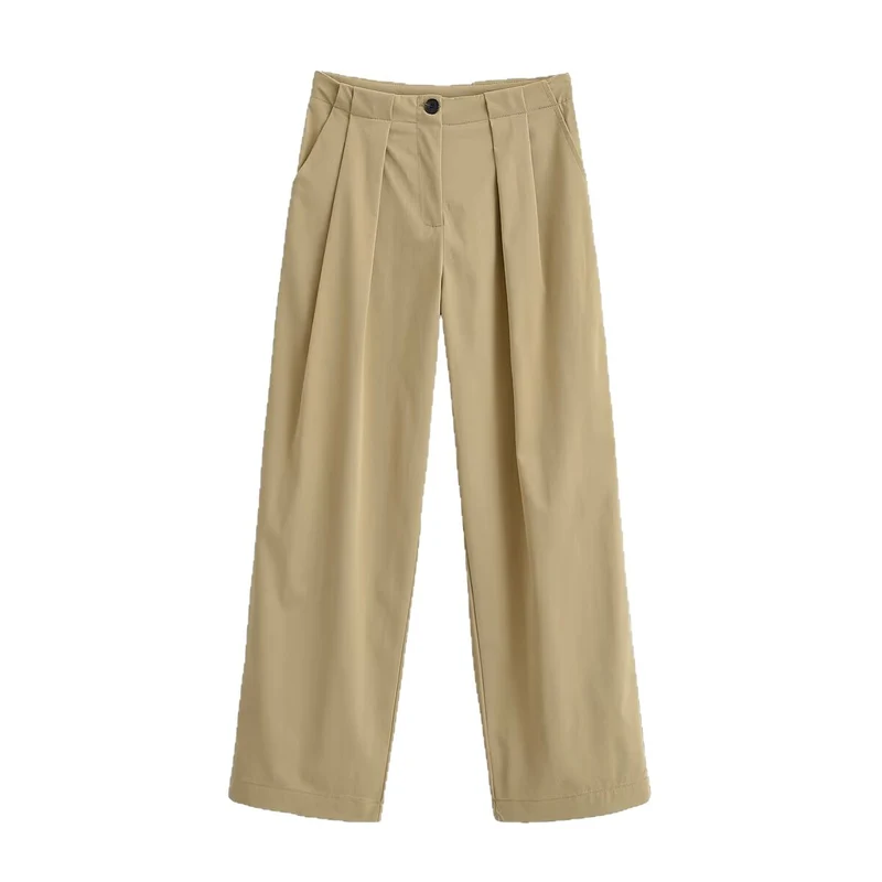 Damen Weite Bundfaltenhose mit hoher Taille und geradem Bein Nord Taschen