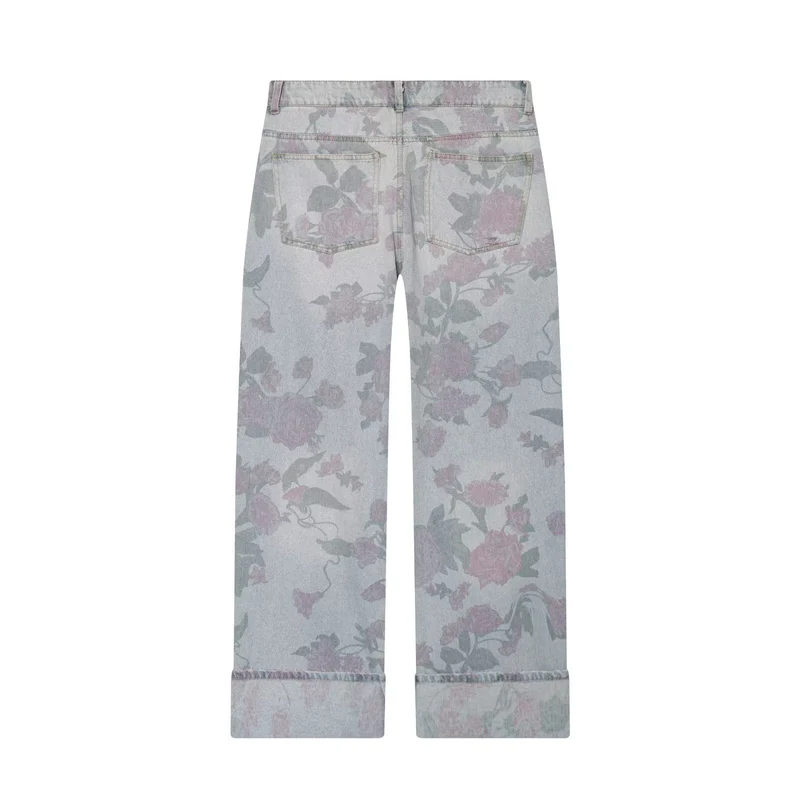 Damen Weite Blumenprint-Denimhose mit geradem Bein und Umschlag Nord Taschen