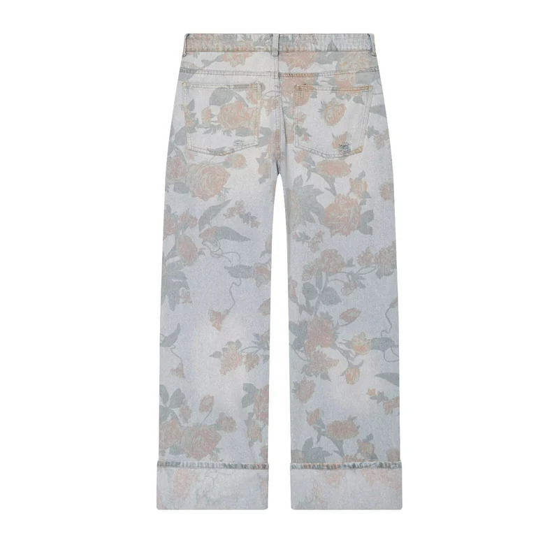 Damen Weite Blumenprint-Denimhose mit geradem Bein und Umschlag Nord Taschen