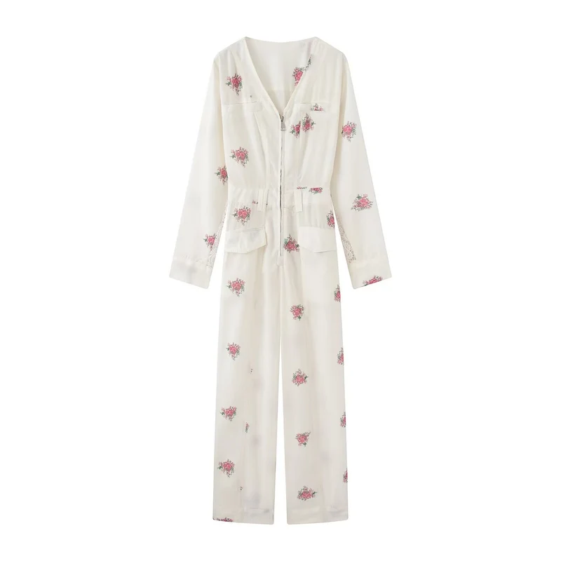 Damen Weicher Viskose-Overall mit floralem Print, Reißverschluss und weitem Bein Nord Taschen