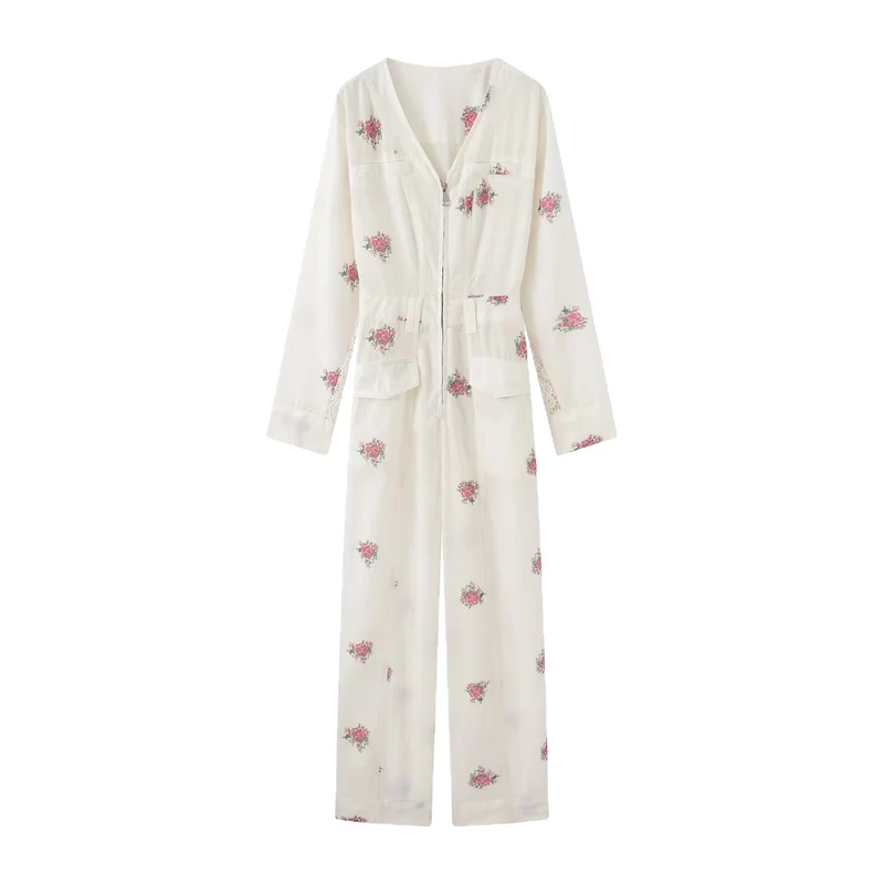Damen Weicher Viskose-Overall mit floralem Print, Reißverschluss und weitem Bein Nord Taschen