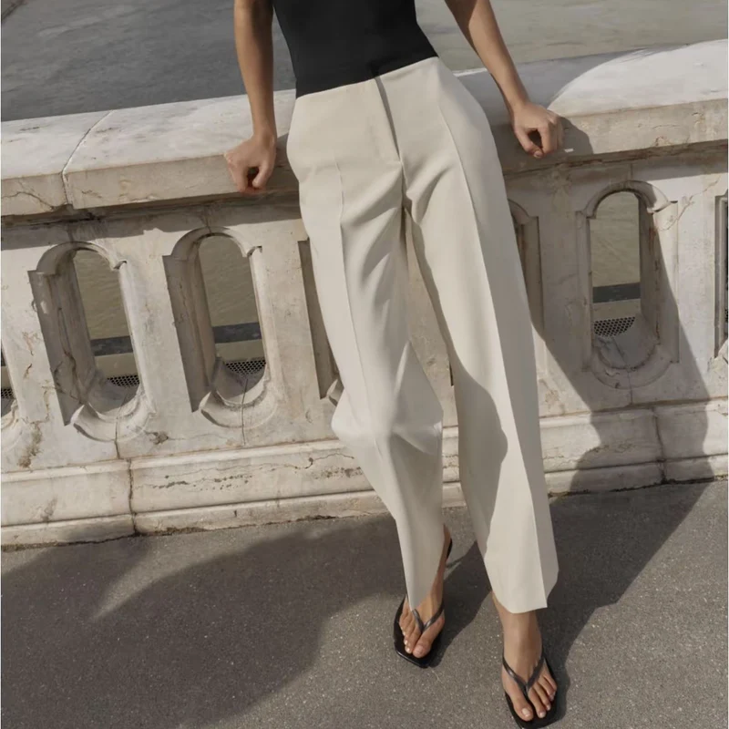 Damen Weiche High‑Waist Stoffhose mit elastischem Kontrastbund und geradem Bein Nord Taschen