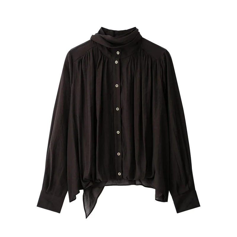 Damen Weiche Chiffonbluse mit Stehkragen, Knopfleiste und asymmetrischem Saum Nord Taschen