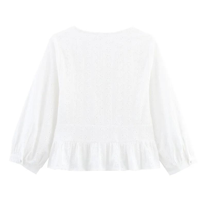 Damen Weiche Broderie-Anglaise-Bluse mit tiefem V‑Ausschnitt, Taillennaht und Volant Nord Taschen