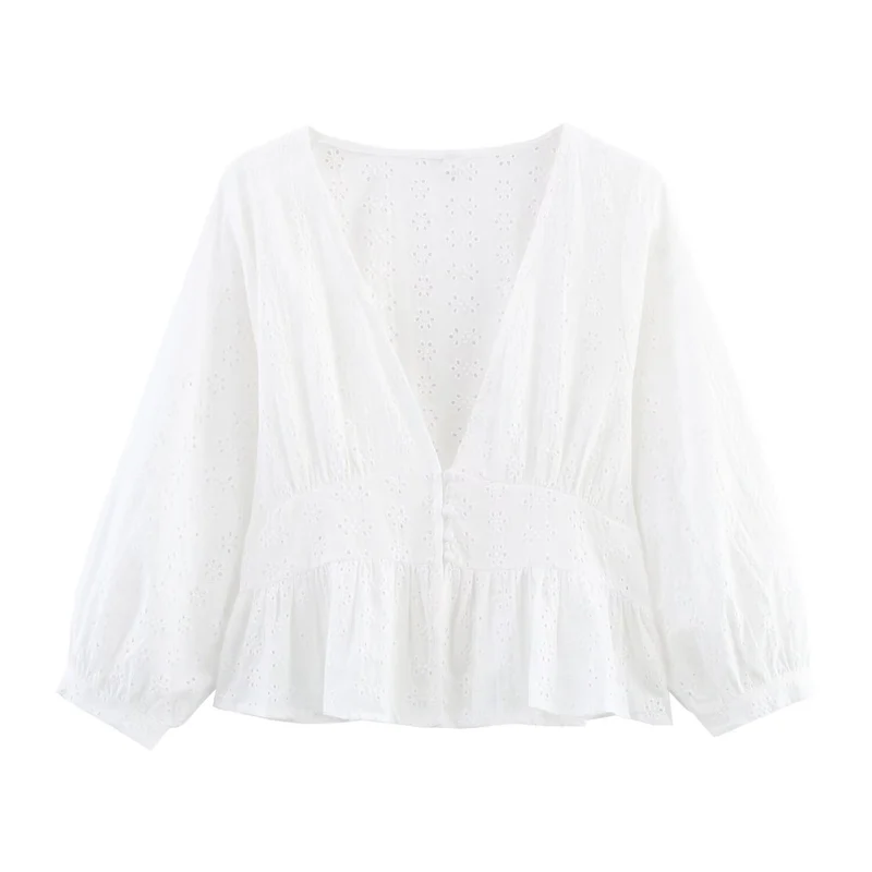 Damen Weiche Broderie-Anglaise-Bluse mit tiefem V‑Ausschnitt, Taillennaht und Volant Nord Taschen