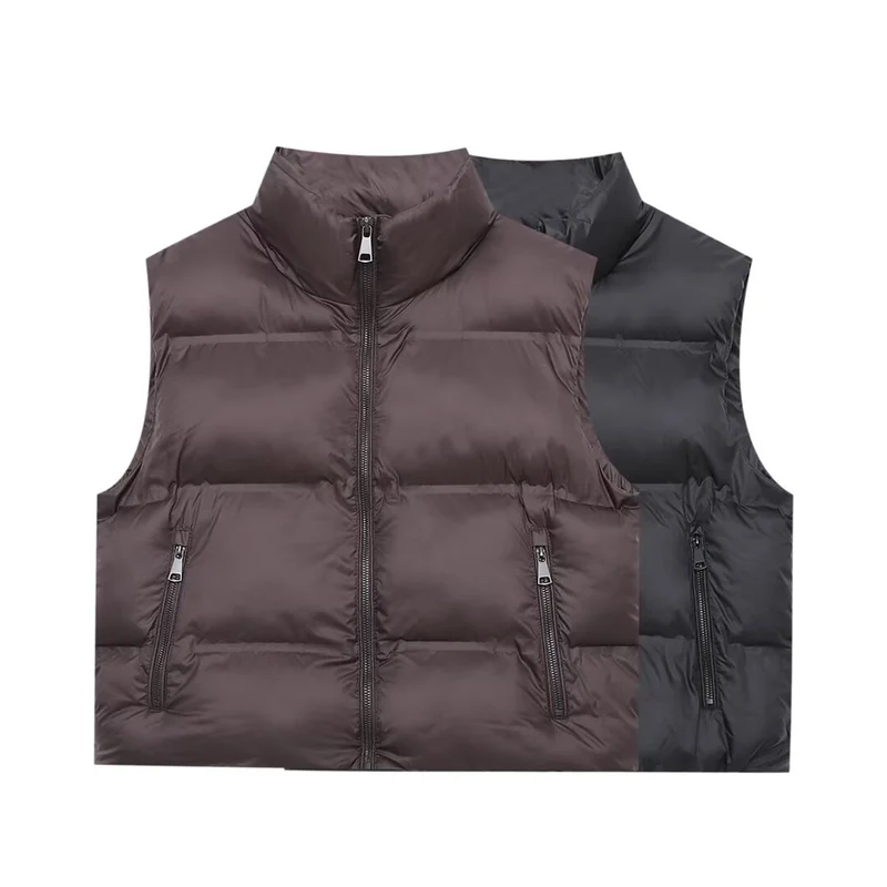 Damen Wattierte Cropped‑Steppweste mit hohem Stehkragen und Reißverschlusstaschen Nord Taschen