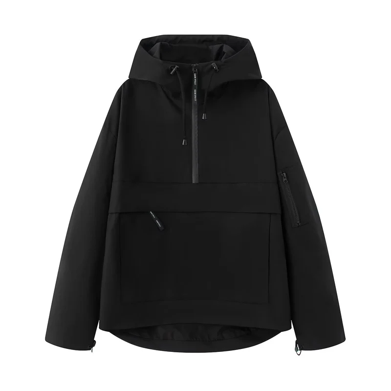 Damen wasserdichter Oversized Anorak mit Kapuze, halbem Reißverschluss und Kängurutasche Nord Taschen