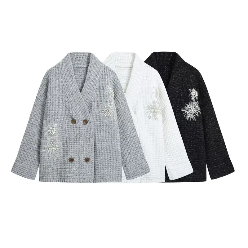 Damen Waffel-Strick-Cardigan mit doppelreihiger Knopfleiste und Schmuckapplikation Nord Taschen
