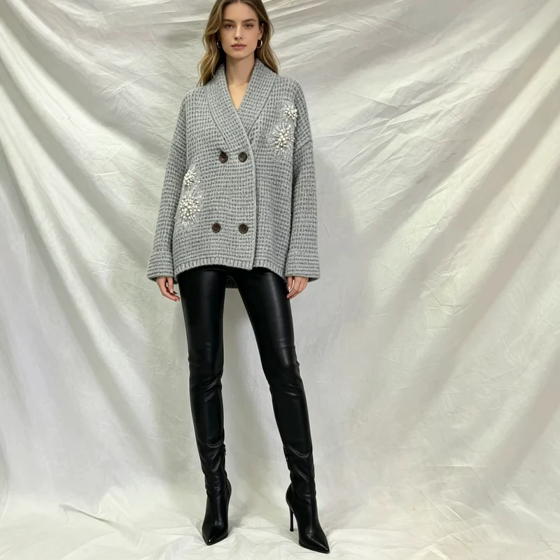 Damen Waffel-Strick-Cardigan mit doppelreihiger Knopfleiste und Schmuckapplikation Nord Taschen
