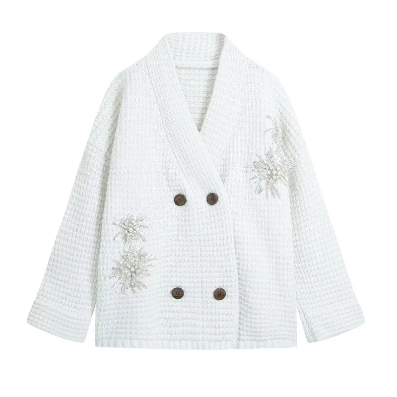 Damen Waffel-Strick-Cardigan mit doppelreihiger Knopfleiste und Schmuckapplikation Nord Taschen