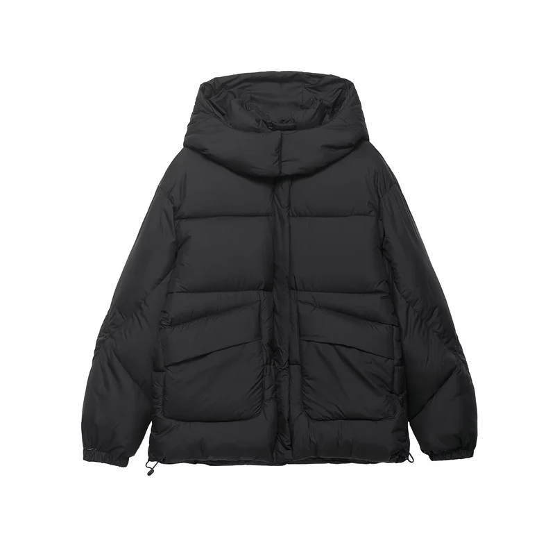 Damen Voluminöse Oversize Daunenjacke mit Kapuze und Kordelzug Nord Taschen