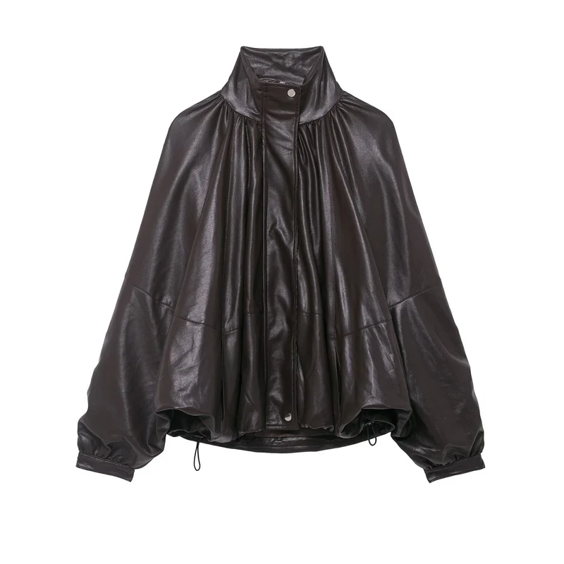 Damen Voluminöse Kunstleder-Capejacke mit hohem Stehkragen und Kordelzug Nord Taschen