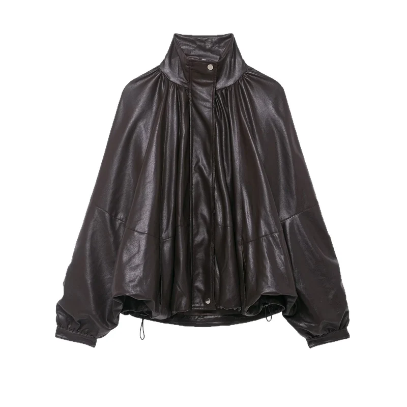 Damen Voluminöse Kunstleder-Capejacke mit hohem Stehkragen und Kordelzug Nord Taschen