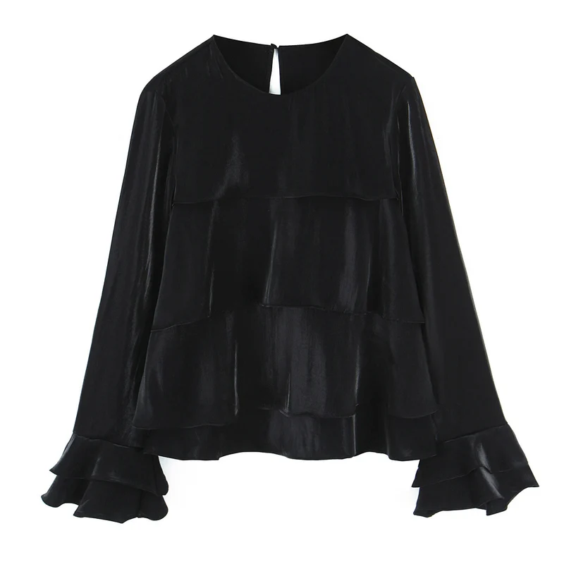 Damen Volantbluse aus Satin mit Stufenrüschen und Glockenärmeln Nord Taschen