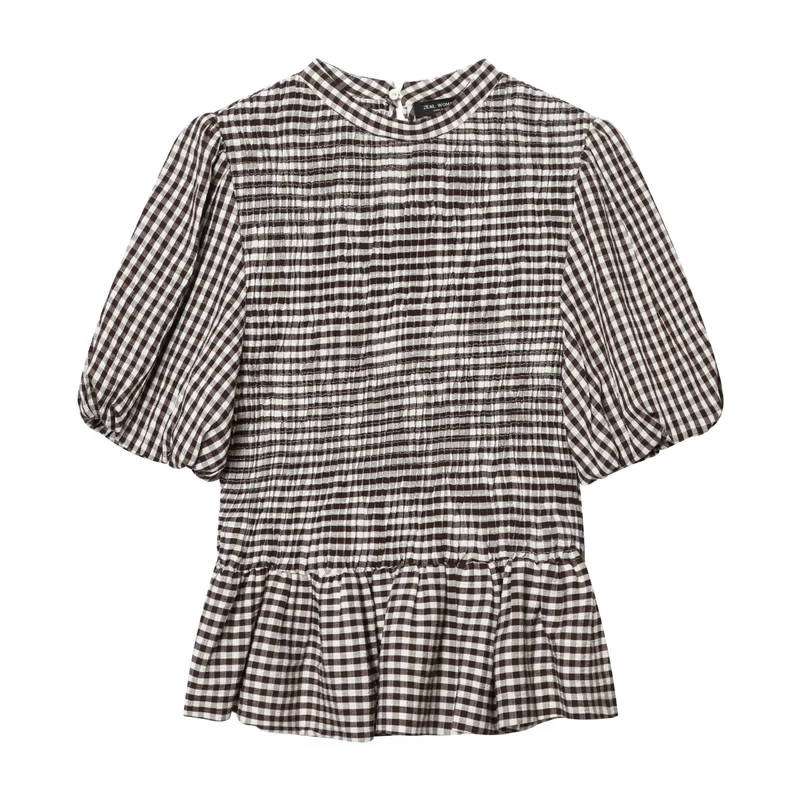 Damen Vichy-Minikleid mit Smokoberteil und Ballonärmeln Nord Taschen