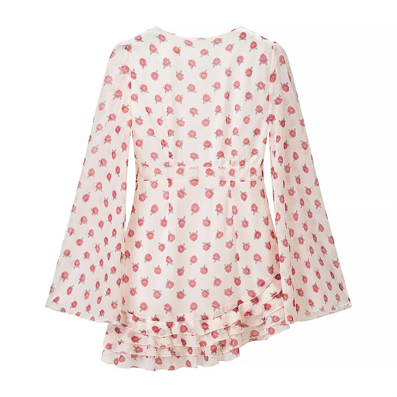 Damen Verspieltes Chiffon-Minikleid mit tiefem V, asymmetrischem Volant-Saum und Glockenärmeln Nord Taschen