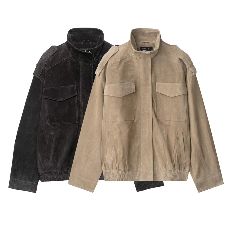 Damen Veloursleder-Bomberjacke mit Schulterpatten und aufgesetzten Brusttaschen Nord Taschen