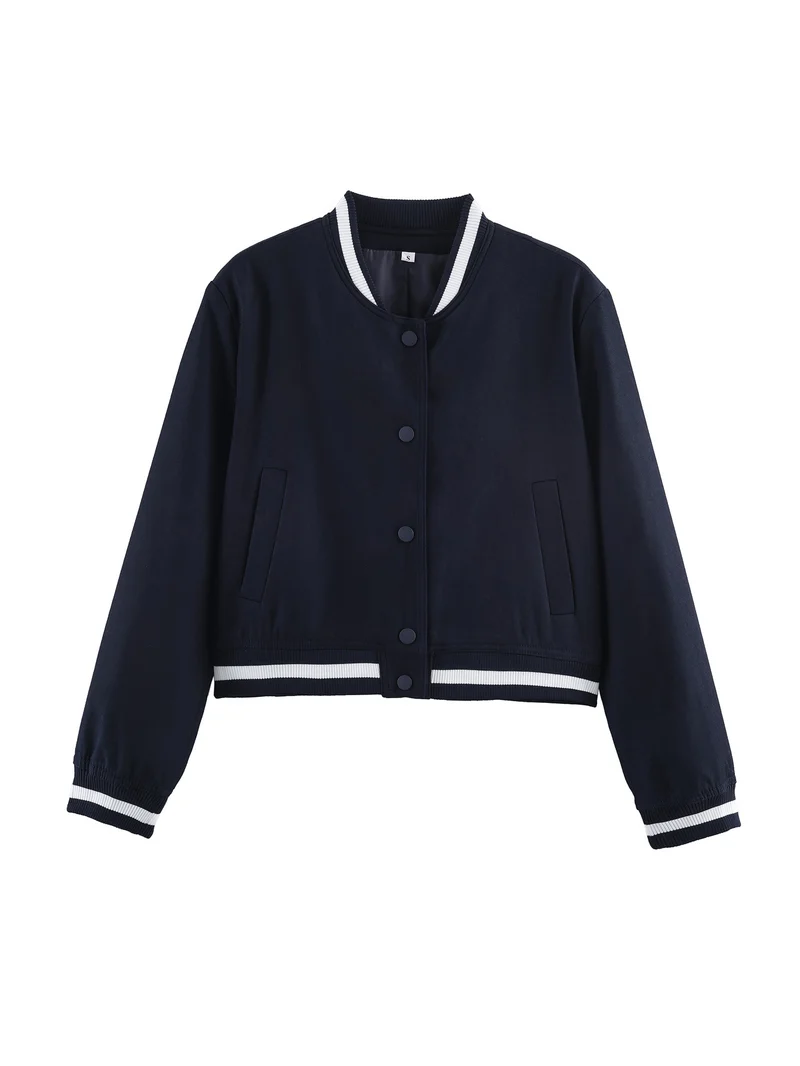 Damen Varsity‑Bomberjacke im Cropped‑Boxy‑Schnitt mit gestreiften Rippbündchen Nord Taschen