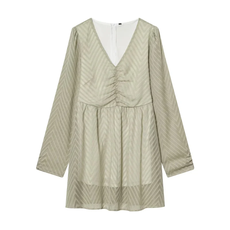 Damen V‑Ausschnitt Mini‑Kleid mit Jacquardstruktur und geraffter Taille Nord Taschen