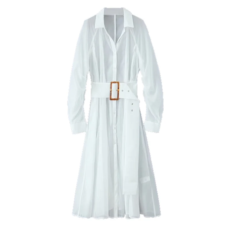 Damen Transparentes Hemdblusenkleid mit weitem Taillengürtel und Volantrock Nord Taschen