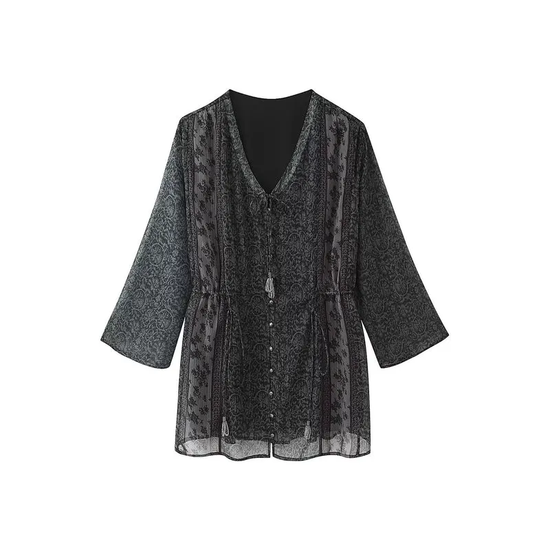 Damen Transparentes Boho-Tunika-Kleid mit V-Ausschnitt, Kordelzug und Quasten Nord Taschen
