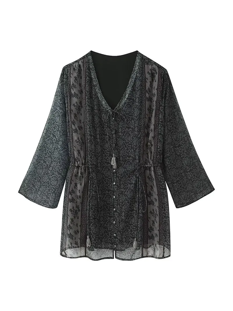 Damen Transparentes Boho-Tunika-Kleid mit V-Ausschnitt, Kordelzug und Quasten Nord Taschen