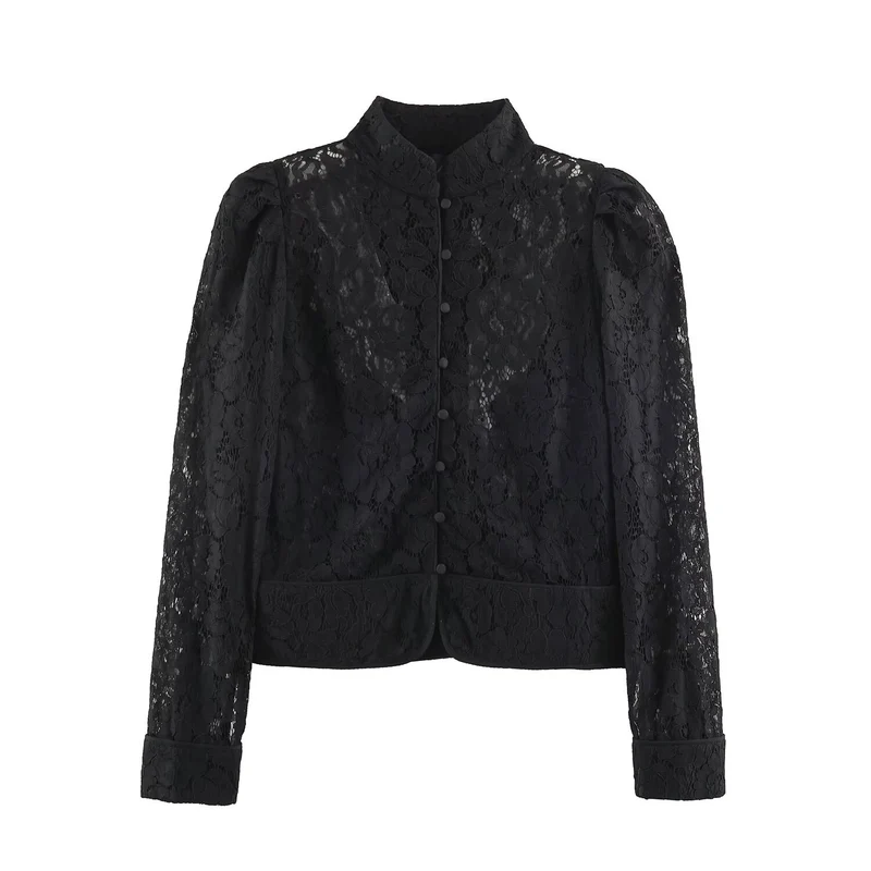 Damen Transparente Spitzenbluse mit Stehkragen, Puffärmeln und Manschetten Nord Taschen