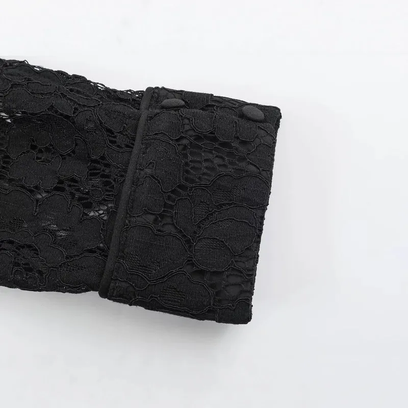 Damen Transparente Spitzenbluse mit Stehkragen, Puffärmeln und Manschetten Nord Taschen