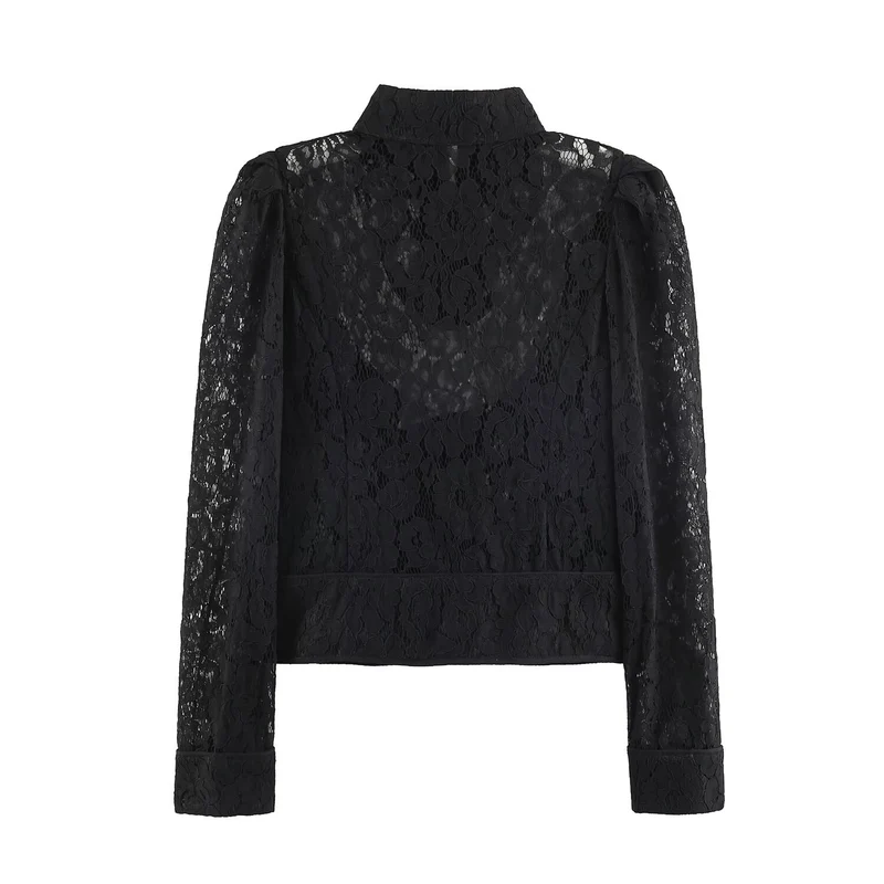 Damen Transparente Spitzenbluse mit Stehkragen, Puffärmeln und Manschetten Nord Taschen