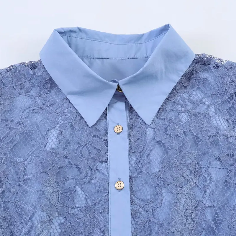 Damen Transparente Spitzenbluse mit Hemdkragen und Puffärmeln Nord Taschen
