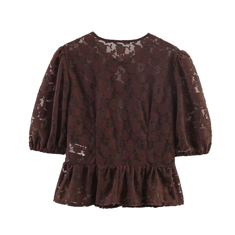 Damen Transparente Spitzenbluse mit frontalen Bindebändern und Volant‑Saum Nord Taschen