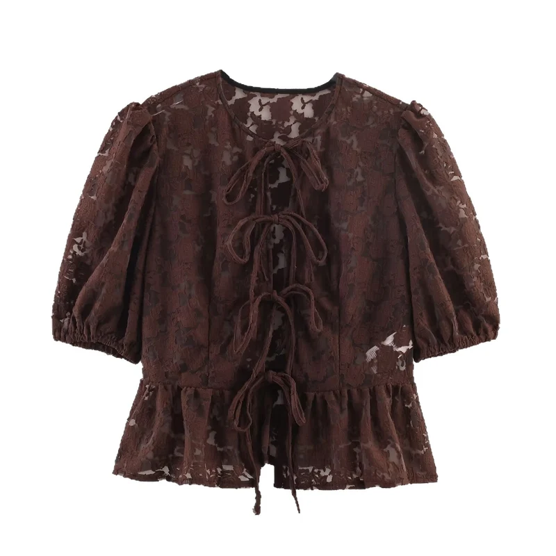 Damen Transparente Spitzenbluse mit frontalen Bindebändern und Volant‑Saum Nord Taschen
