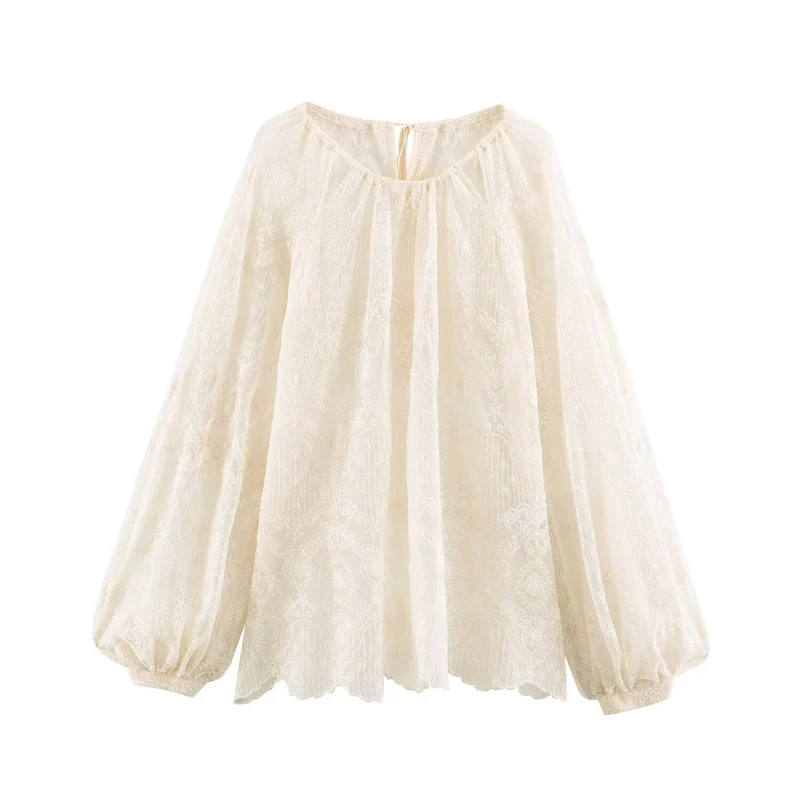 Damen Transparente Spitzenbluse im Peasant‑Stil mit Ballonärmeln Nord Taschen