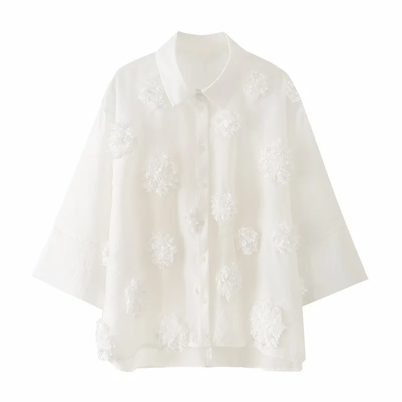 Damen Transparente Oversize‑Bluse mit 3D‑Blütenapplikationen und Hemdkragen Nord Taschen