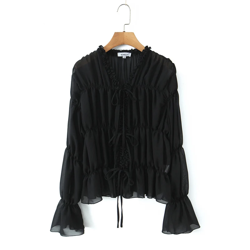 Damen Transparente Chiffonbluse mit Rüschenbindern, Stufenschnitt und Taillenraffung Nord Taschen