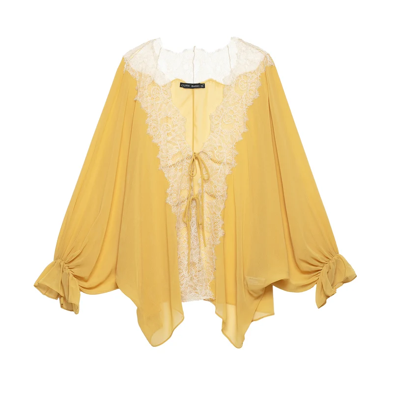 Damen Transparente Chiffon-Überwurfbluse mit Spitzenbesatz und Bindebändern Nord Taschen