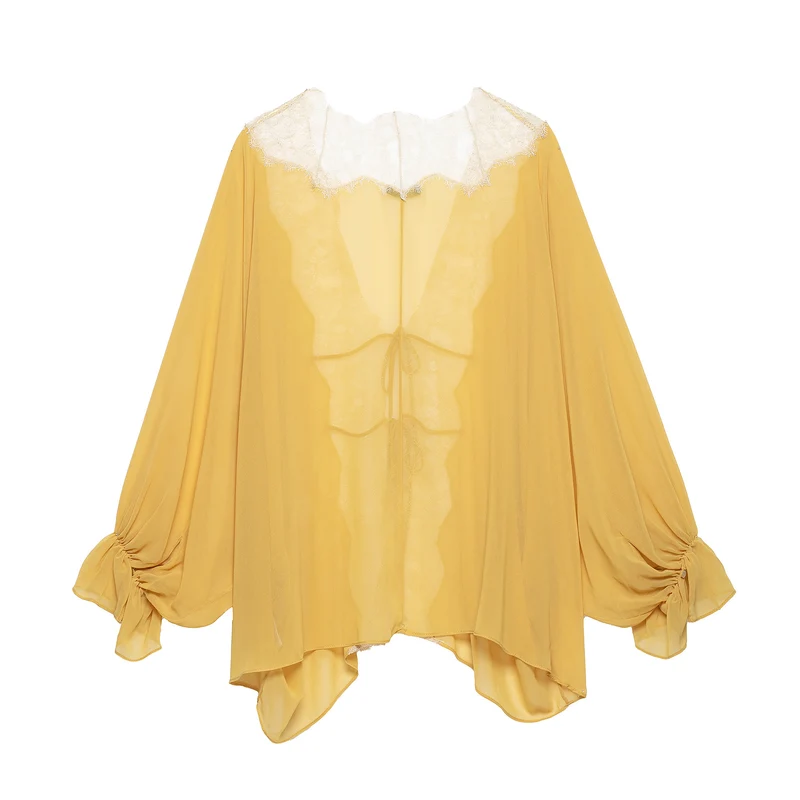 Damen Transparente Chiffon-Überwurfbluse mit Spitzenbesatz und Bindebändern Nord Taschen