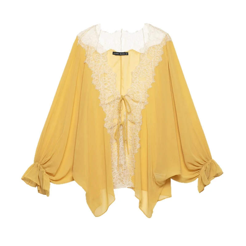 Damen Transparente Chiffon-Überwurfbluse mit Spitzenbesatz und Bindebändern Nord Taschen