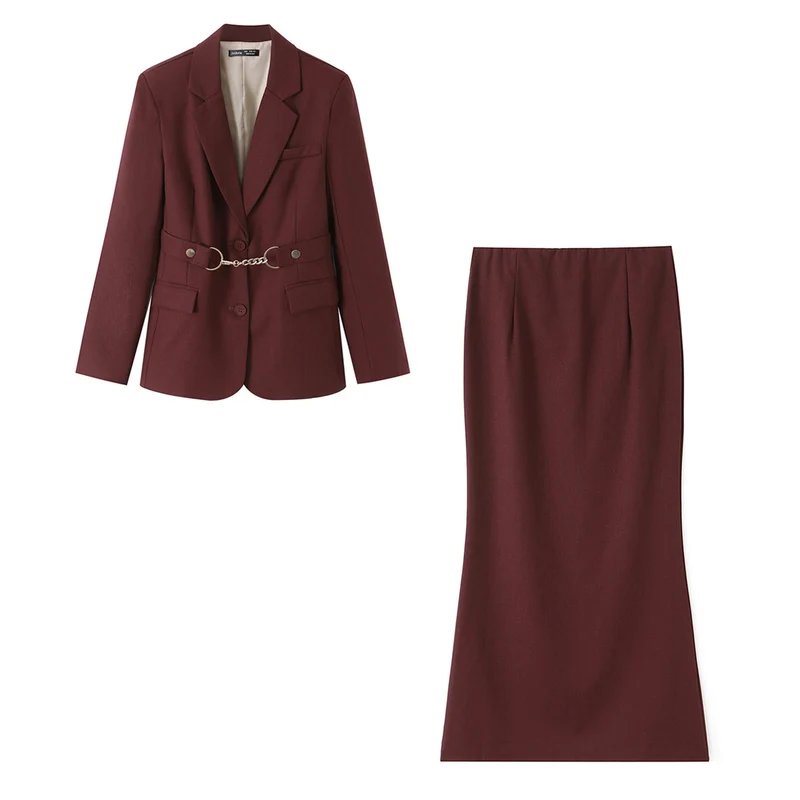 Damen Tailliertes Blazer- und Midirock-Set mit Zierkettengürtel Nord Taschen